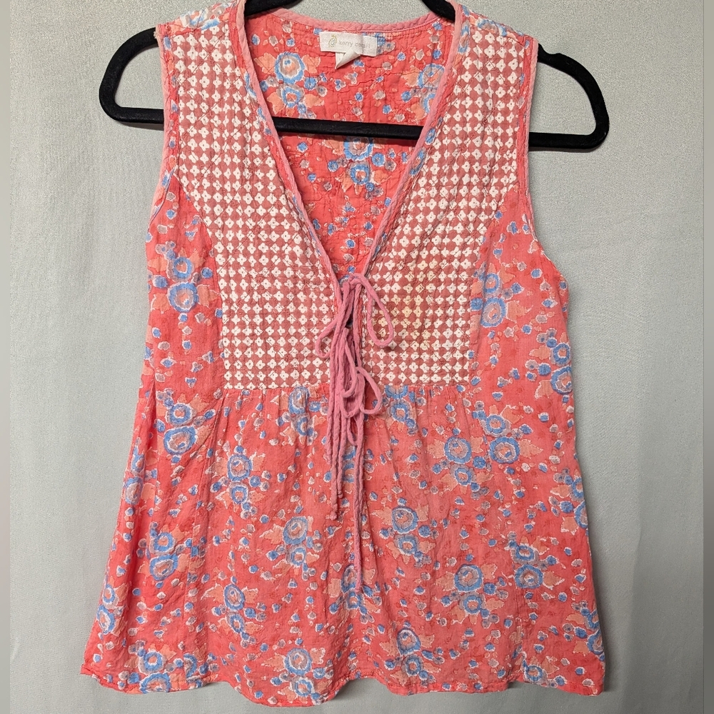 Boho Floral Quilted Embroidered Lace-Up Blouse Tunic - Coral and Blue